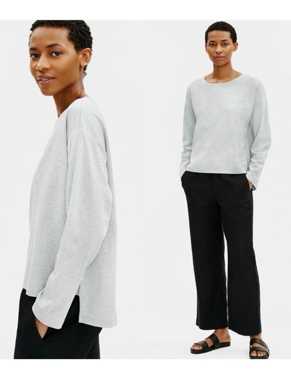 Eileen Fisher Light Gray Long-Sleeve Boxy Top Large
